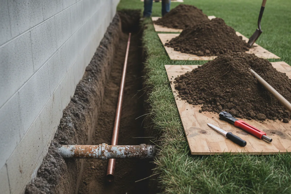 Excavated water line trench during Water Heater Repair in Parkhill